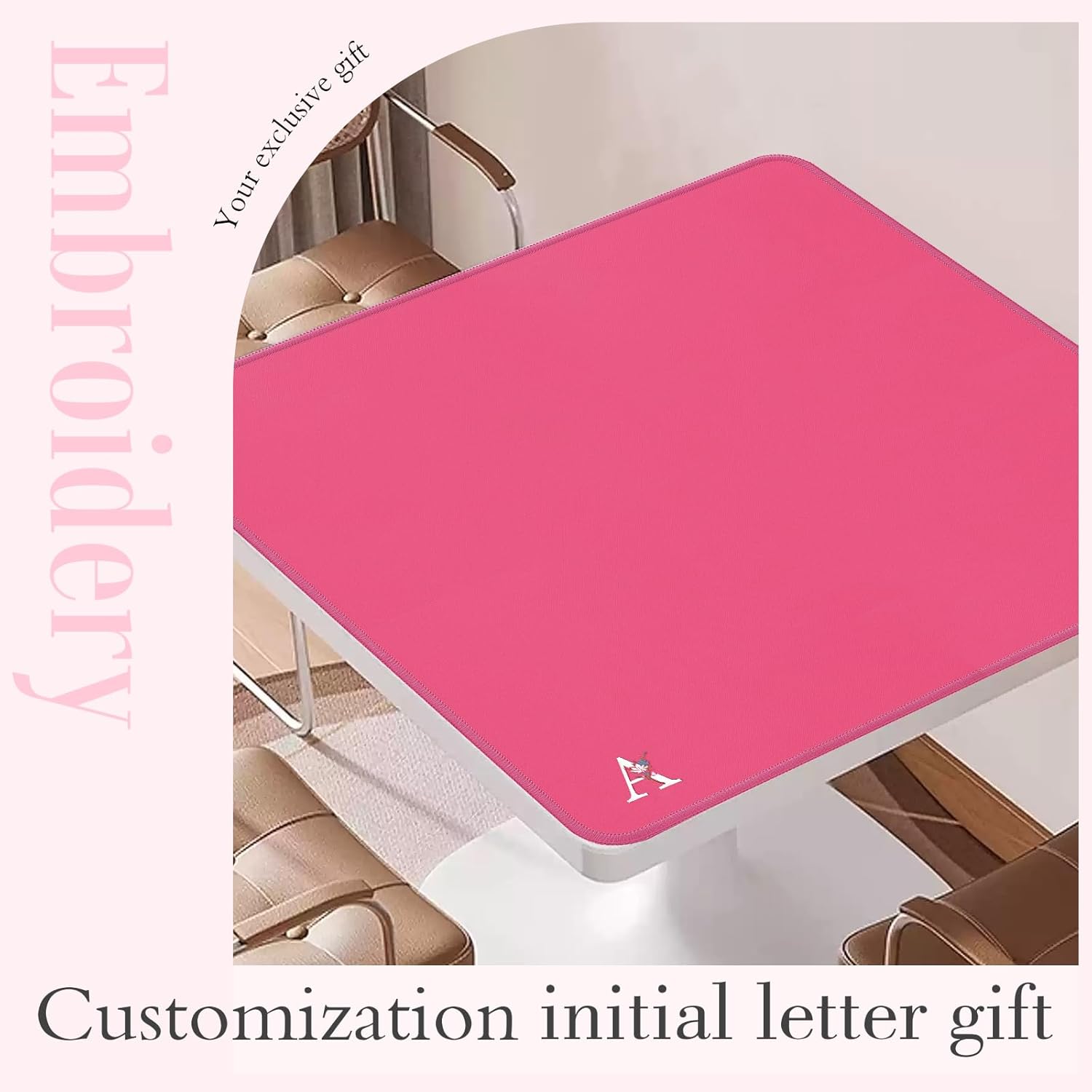 Mahjong Mat | Neoprene Anti-Slip Noise Reduction, Simple Design & Embroidery | 32.4x32.4 Inch Pink | Perfect for Mahjong, Board Games & Tile Games | Elegant Gift(Custom A Letter)