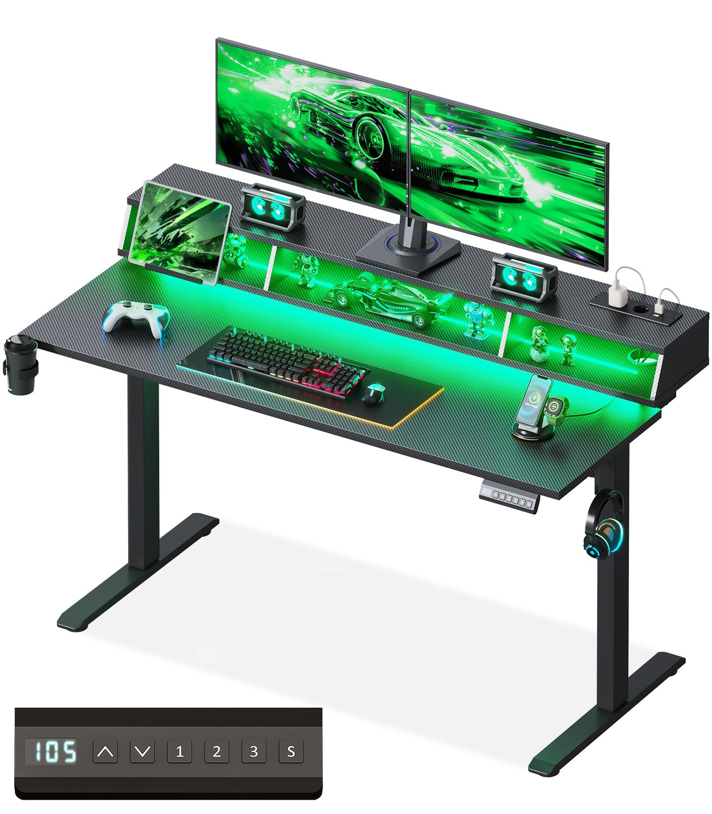OffiGo Höhenverstellbarer Schreibtisch mit RGB LED 140×60 cm, Schwarz | Gaming Tisch mit RGB LED & Steckdosen, Elektrischer Schreibtisch mit 3 offene Ablagen, Computertisch für Home