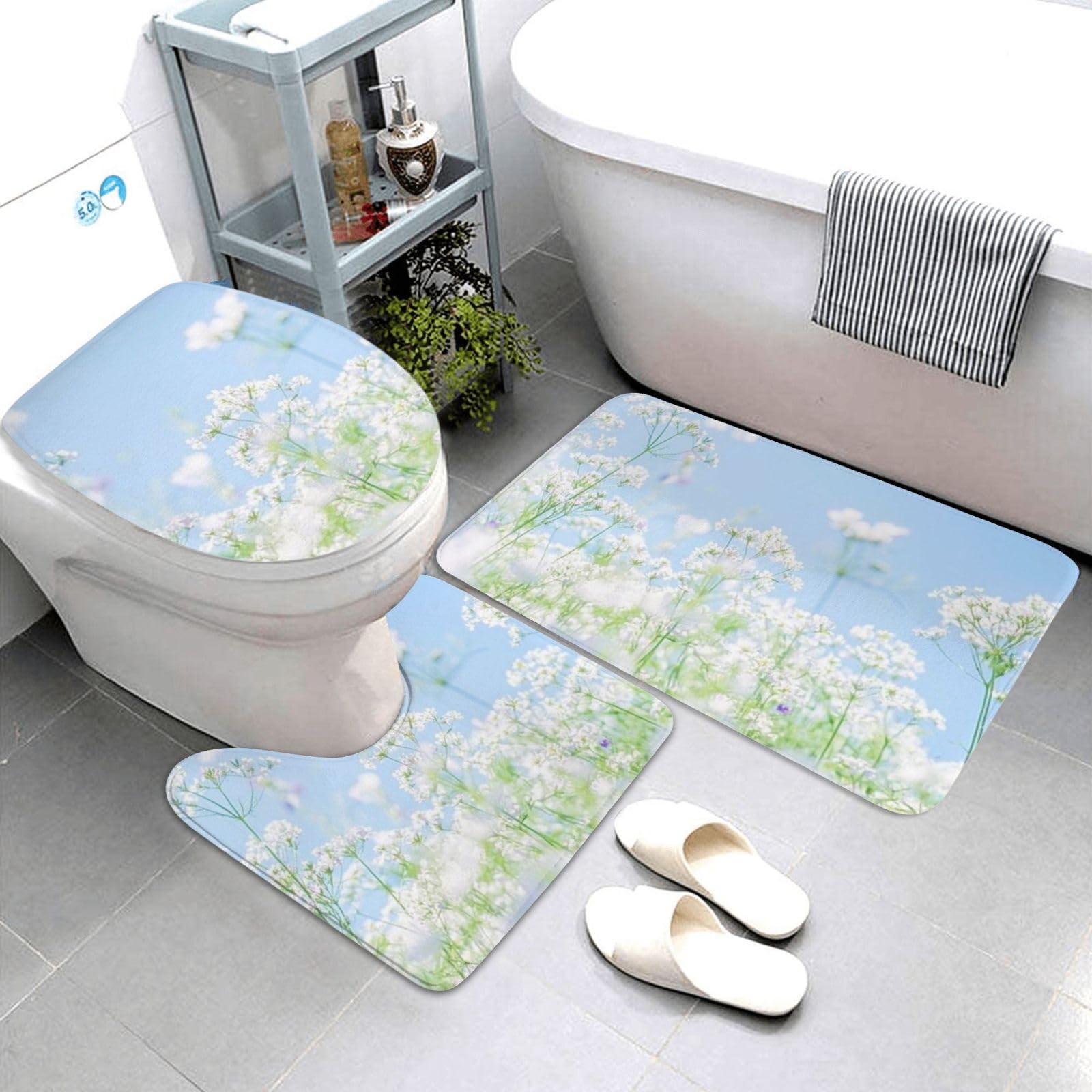 Set di 3 tappeti da bagno freschi e freschi con fiori estivi, morbidi e assorbenti, in memory foam e a forma di U, decorazione per la casa, asciugatura rapida
