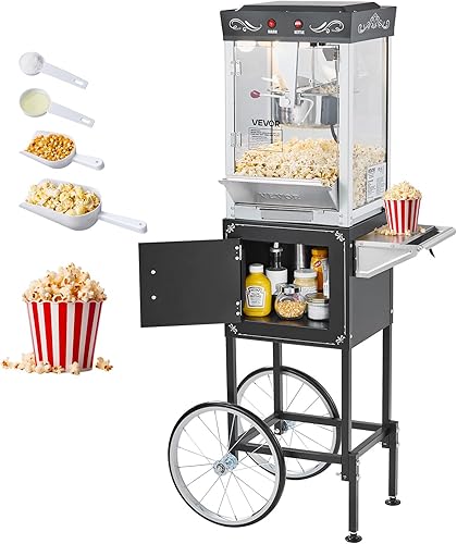 VEVOR Máquina de palomitas de maíz con carro, hervidor de acero inoxidable de 8 onzas, máquina comercial de palomitas de maíz de 800 W, 48 tazas por