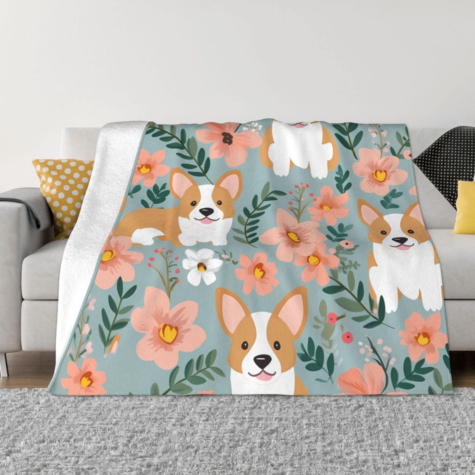 KLOPH Corgi Floral Throw Blanket 40"x30" Flannel Fluffy Warm Blanket for Couch, Reversible Plush Blankets for Bed, Comfy Fuzzy Blanket for Sofa, Plush Lightweight-Blankets for All Season