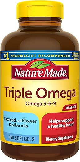 Nature Made Triple Omega 3 6 9, Fish Oil as Ethyl Esters and Plant-Based Oils, Healthy Heart Support, 150 Softgels, 50 Day Supply