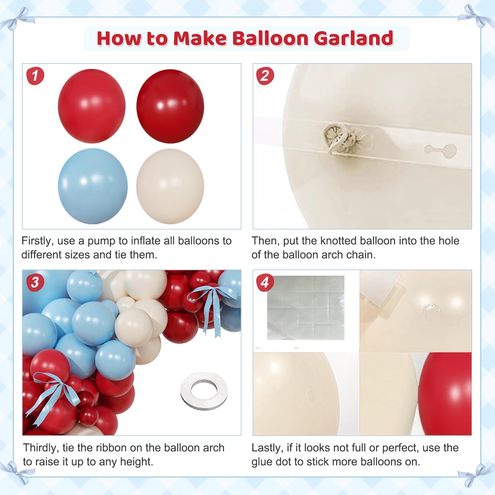 Rotes und blaues Ballonbogen-Set, doppelt gefüllte rot-weiße und blaue Luftballons mit Schleifen für Kirsch-Geburtstag, Babyparty, Brautparty, Valentinstag, Party-Dekorationen
