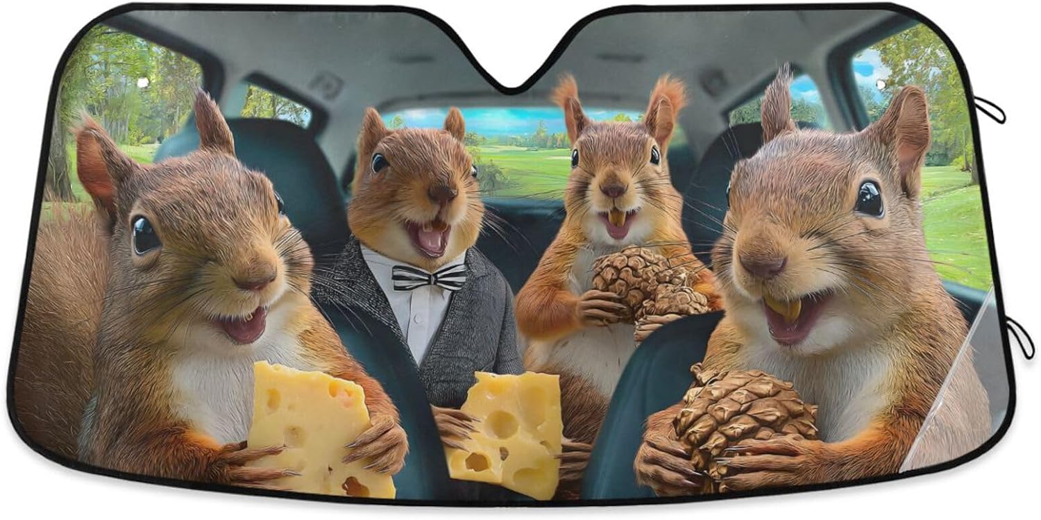 Car Windshield Sun Shade Squirrels Drive Foldable Car Front Windshield Sunshade Blocks UV Rays Sun Visor Heat Protection for Truck SUV to Keep Your Vehicle Cool,Large