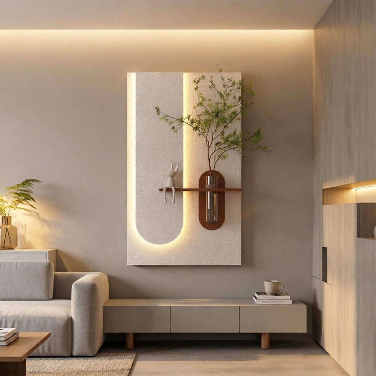 SYXHJTFZ Modern 3D Sandstone Textured Wall Art Borderless LED Lighted, Artificial Plant Vase Mural Home Wall Hanging Decor for Living Room Apartment Indoor Space(A,50 * 85cm/19.7 * 33.5in)