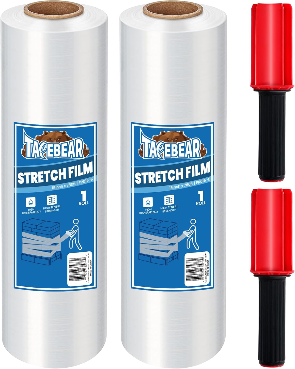 Stretch Wrap Film 15" x 760Ft Shrink Wrap Roll with Handles, Industrial Strength Clear Plastic Wrap Self-Adhering for Furniture Moving, Luggage Packing, Pallet Wrap, 60 Gauge, 2Rolls