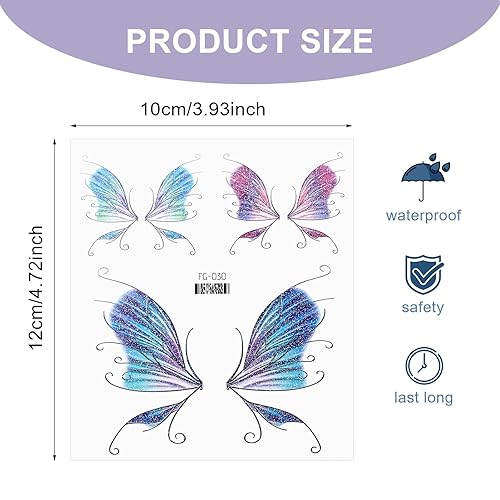 Miniatura 2 de 14 hojas de tatuajes de mariposa con brillantina, calcomanías temporales, impermeables, mariposa, cara, tatuajes con purpurina, maquillaje, tatuajes