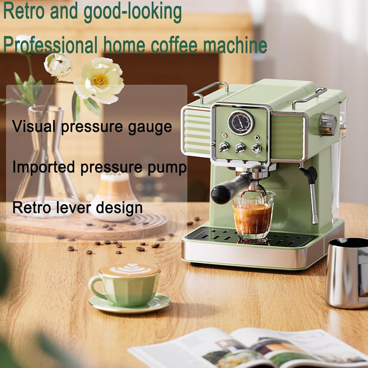 Cafetera Espresso De 15 Bares, Estilo Retro Verde, con Espumador De Leche Y Tubo De Vapor, Depósito De Agua Desmontable De 1.6 L Y Manómetro Visual para Latte Y Capuchino Baristas En Casa