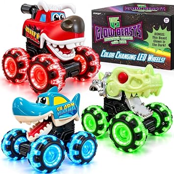 Stargo 3 Pack Monster Truck Toy - Motion Activated Light-Up Cars for Toddlers Bull, Shark, Glow in the dark Skull Pull Back Lightning Wheels Press & Go Cars for Easter Basket Stuffers & Birthday Gifts