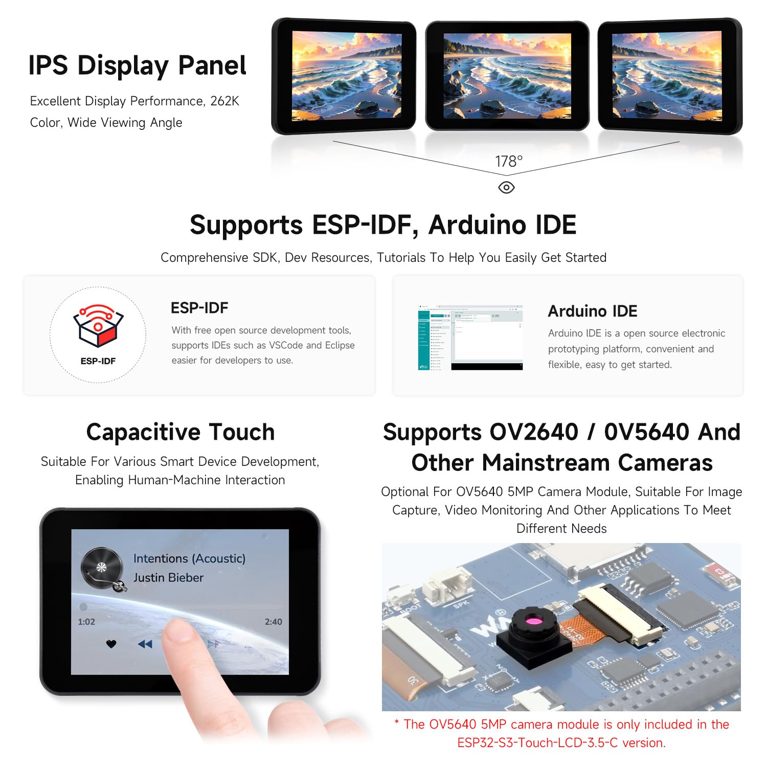 Waveshare ESP32-S3 3.5inch Capacitive Touch Display, 320x480 IPS, 262K Colors, Camera Interface, Supports Wi-Fi & Bluetooth 5, ESP32 Development Board with Display