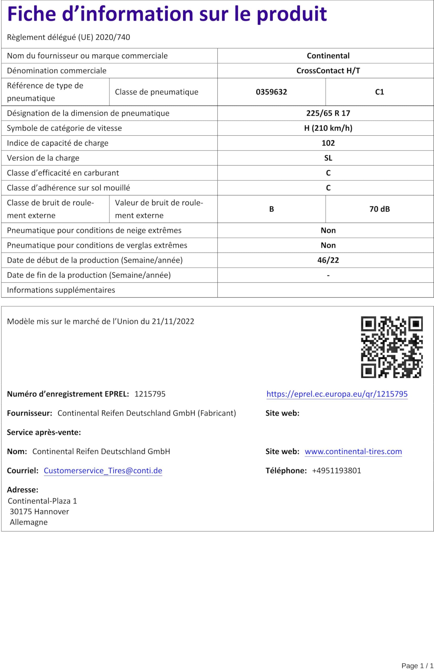 CONTINENTAL - CrossContact H/T - 225/65 R 17-102H/C/C/70dB - Pneumatico per tutte le stagioni