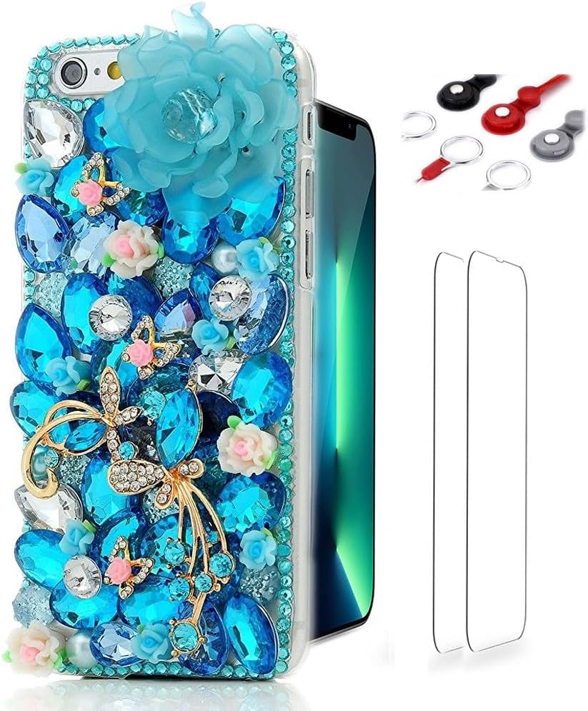 Glitter Design Phone Case Compatible with iPhone SE 2020 - Girls Women 3D Luxury Shiny Bling Handcrafted Cover with Screen Protector, Phone Lanyard - Lake Rose Flower Butterfly