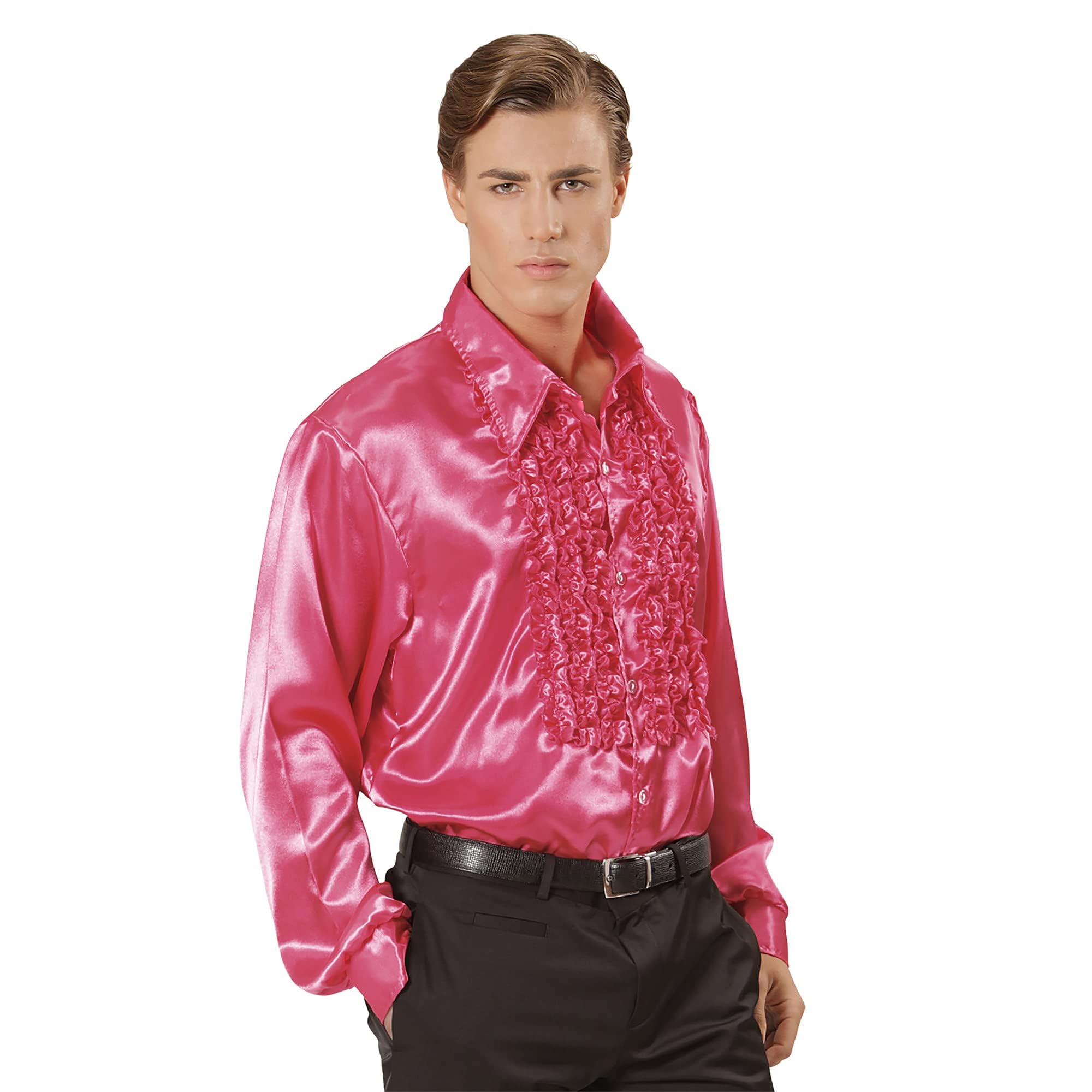 Widmann 01184-70s Disco Style Shirt, Adult Man, Made of Satin, With Ruffles, Carnival, Disco, Size XL, Pink Color