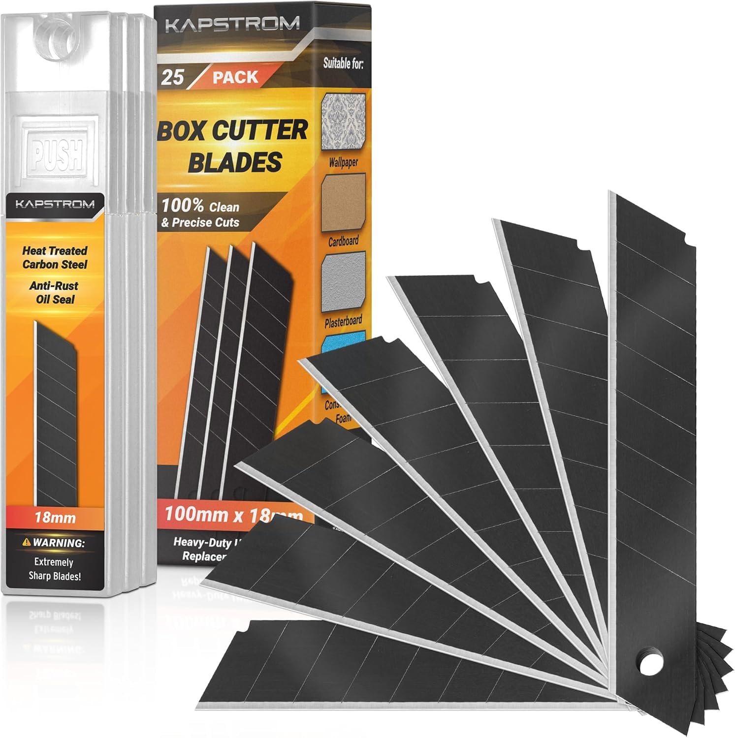 Box Cutter Blades (Black, 25 PK), Sharp Utility Knife Replacement Blades, 18mm Heavy-Duty Carbon Steel Snap-Off Blades