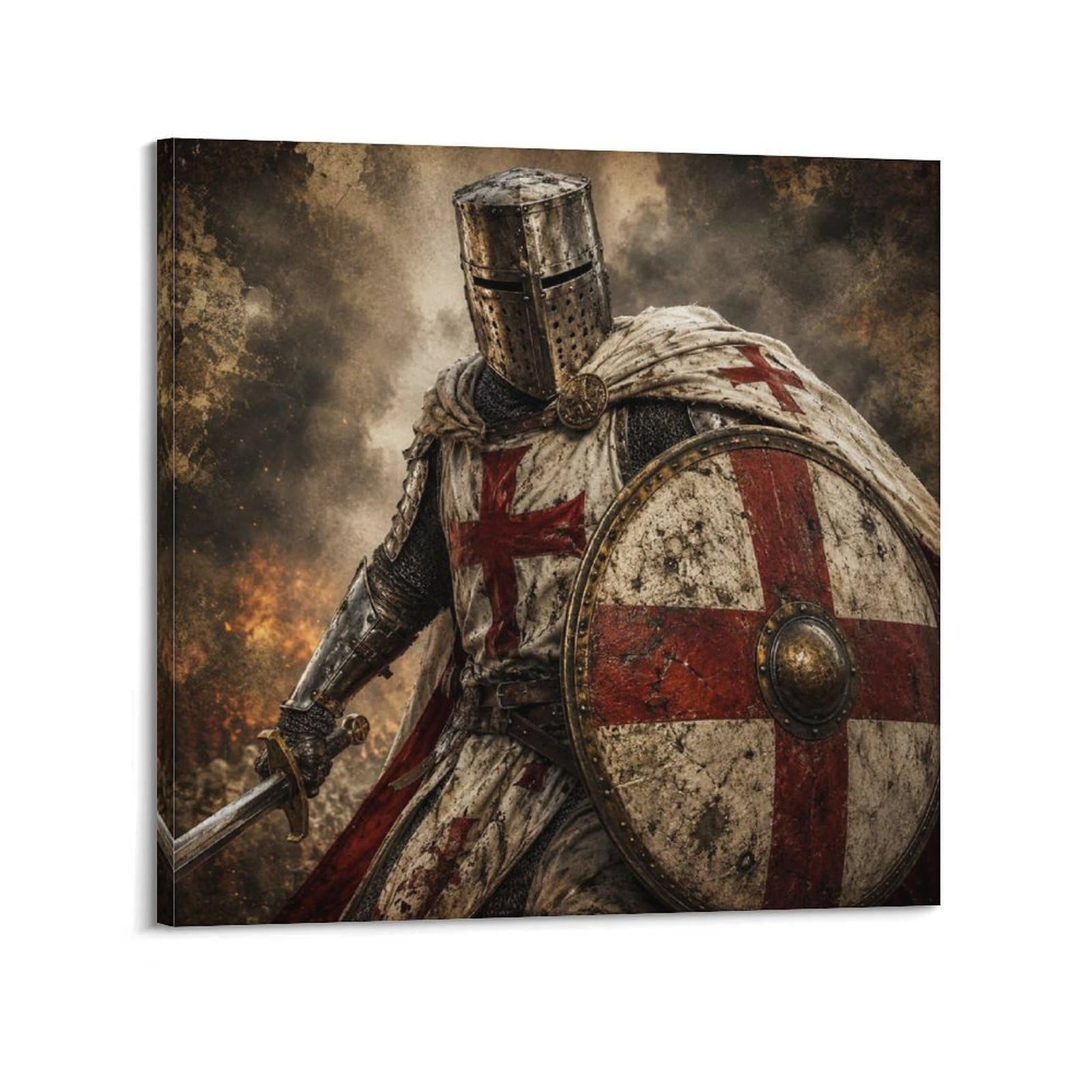 XKUGA Templar Knight Red Cross Gothic Poster Shield Sacred Armor Modern Decorative Canvas Prints - Ideal Wall Art for Family, Man Cave, Game Room, Boys & Girls Bedroom 16x16inch(40x40cm)