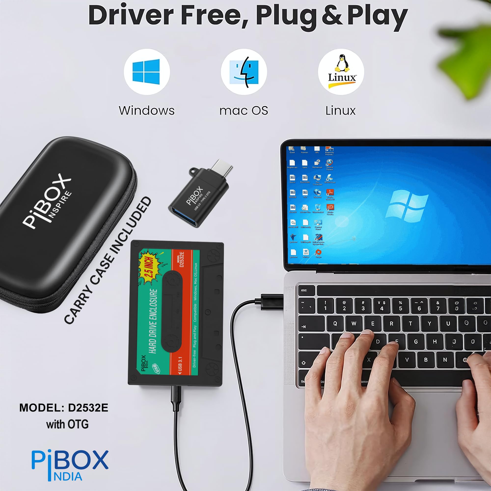 PiBOX 2.5 inch Hard Drive Enclosure Type C with OTG Adapter - Retro Casette, PiBOX India 6Gbps USB 3.1 to SATA III Tool-Free External Hard Drive Enclosure for 7mm/9.5mm 2.5" SSD Laptop HDD with UASP — Amazon image 2