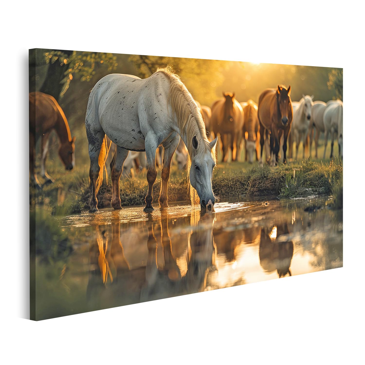 islandburner Cuadro sobre lienzo caballos bebiendo al atardecer junto al agua para sala de estar amantes de los caballos cuadros cuadros cuadros murales póster