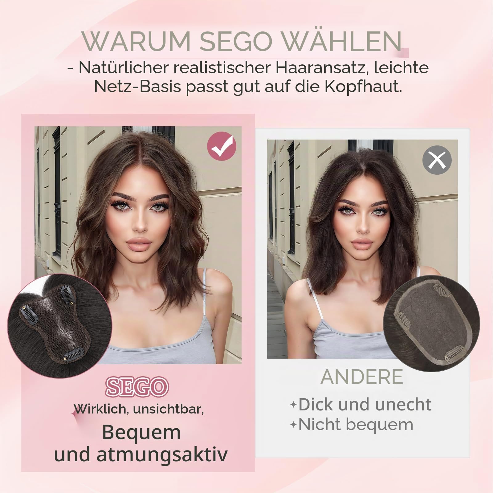 Echthaar Hair Topper für Frauen mit #C - 21g Handgebunden Basis Haar Topper Atmungsaktives Tüllnetz Spitze Basis 100% Echtes Haar Clip in Topper Natürliche Farbe