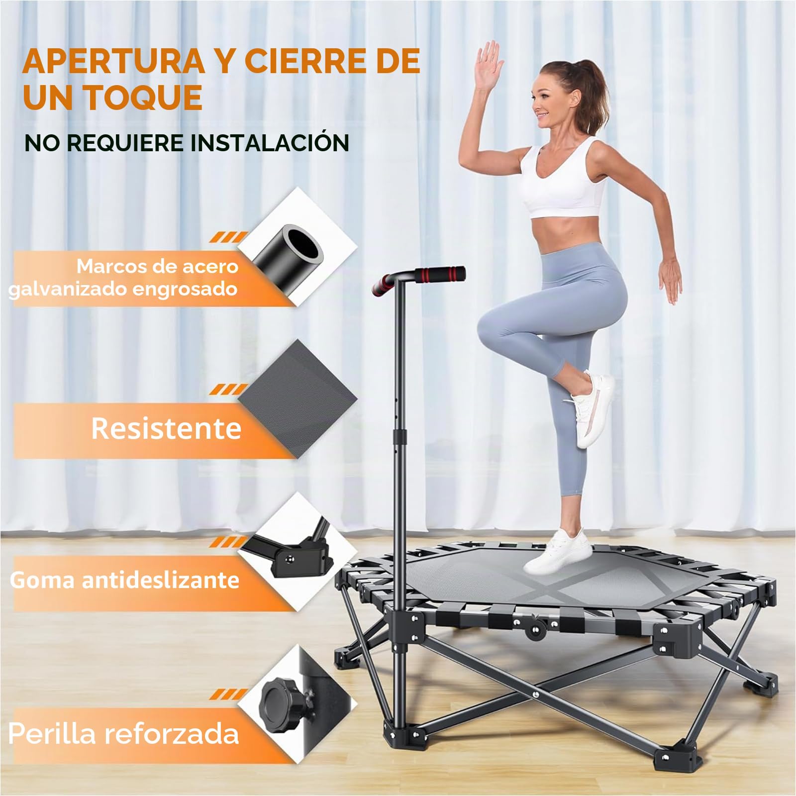 TrampolíN De Rebote Plegable De 42" con Asa Ajustable, TrampolíN De Fitness, Bungee, Salto, Entrenamiento Cardiovascular para Adultos, Carga MáXima De 450 LB, 110 cm, Plegable Y PortáTil