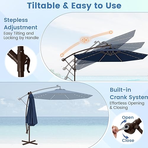 Miniatura 3 de TANGKULA Sombrilla colgante de 10 pies, sombrilla voladiza con 32 luces LED, baterías de panel solar, bolsa de arena, toldo impermeable, sombrilla