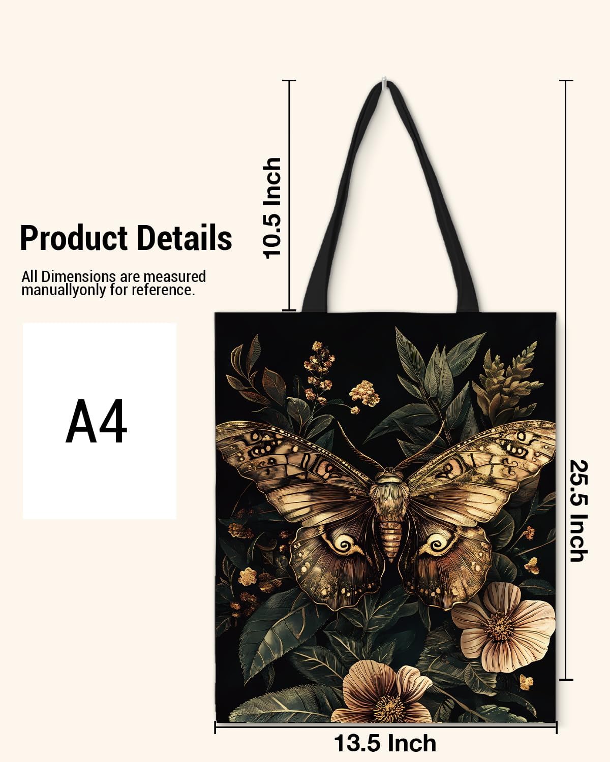 Witchy Floral Moth Print Canvas Tote Bag for Women Moth Dark Goth Reusable Grocery Shoulder Bag for Shopping Work Travel Beach Aesthetic Totes - Image 6