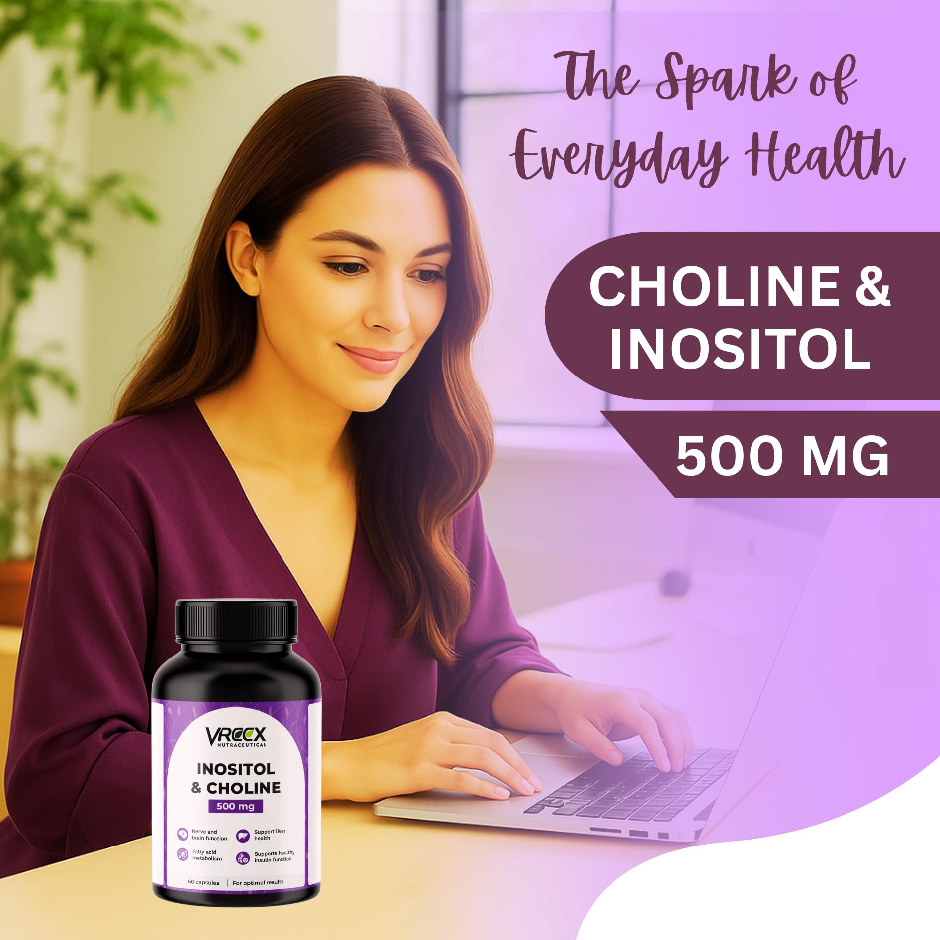VREEX Choline & Inositol 500 mg β Supports Brain Function, Liver Health & Fat Metabolism, Nootropic Supplement- 60 Veg Capsules (Pack of 2) 3