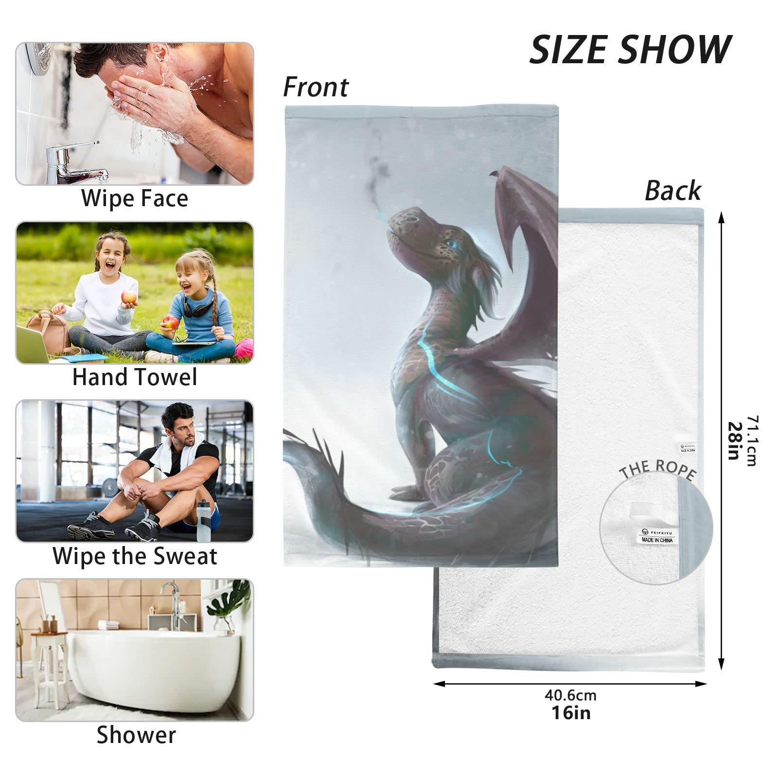 ALAZA Cute Dragon on The Snow Hand Towels for Bathroom 1OO% Cotton 2 pcs Face Towel 16 x 28 inch, Absorbent Soft & Skin-Friendly