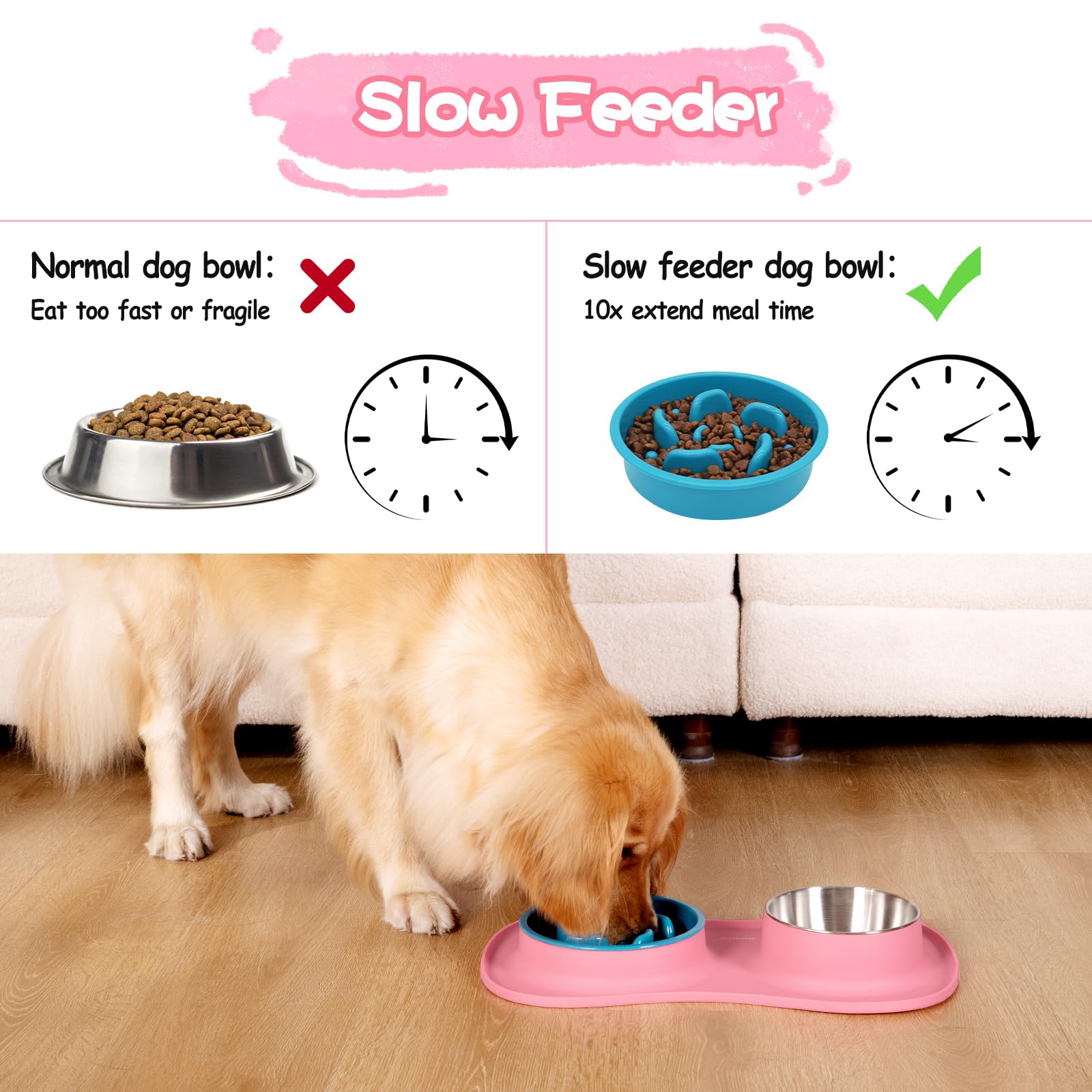 MateeyLife Set di ciotole per cibo per cani 3 in 1, ciotole per cani con alimentazione lenta e ciotola in acciaio inox con tappetino in silicone anti-fuoriuscita, ciotole per l'alimentazione lenta per