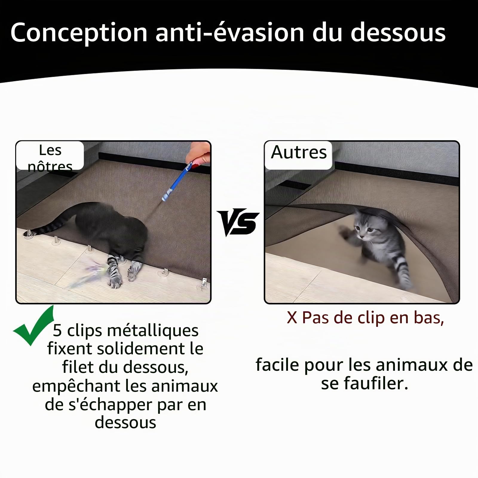Barriere Escalier, Version AméLioréE, avec Verrou + Clip Anti-Fuite, sans PerçAge, RéGlable, Universelle pour Chats Et Chiens, IdéAle Cuisine, Balcon, Couloir (Noir, 150 * 78 CM)