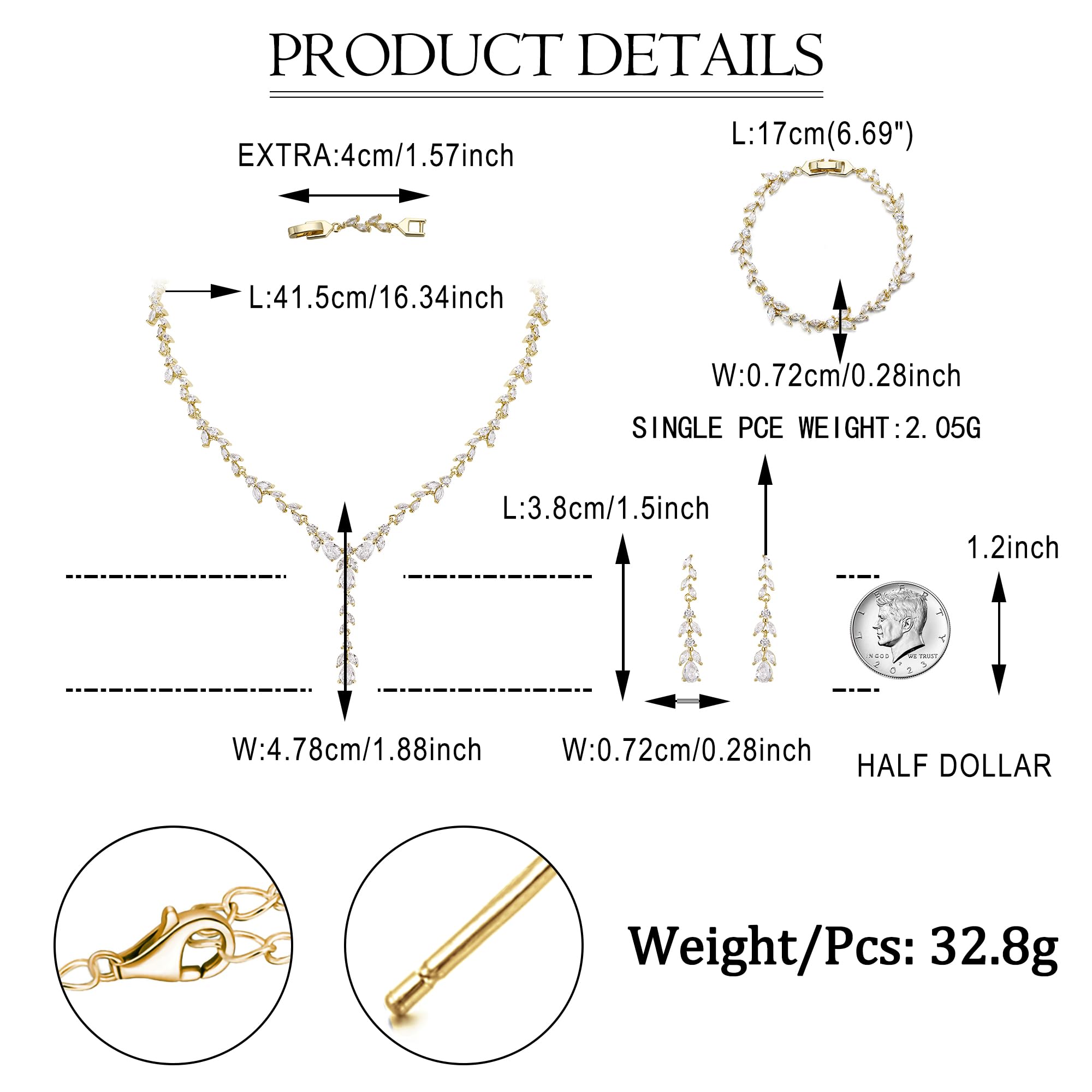 EVER FAITH Juego de joyas para mujer, fiesta de novia, elegante hoja marquesa con circonitas, collar y pendientes en forma de Y, pulsera para bodas, banquetes y fiestas