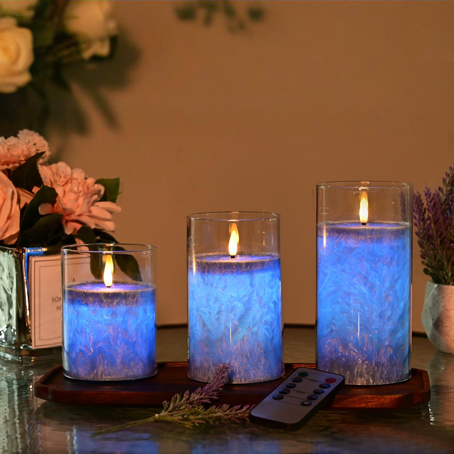 Lot de 3 Bougies LED à Flamme Vacillante - Avec Fonction Minuterie Dans le Verre - Bougies Électriques en Cire Vraie avec Télécommande (Bleu)
