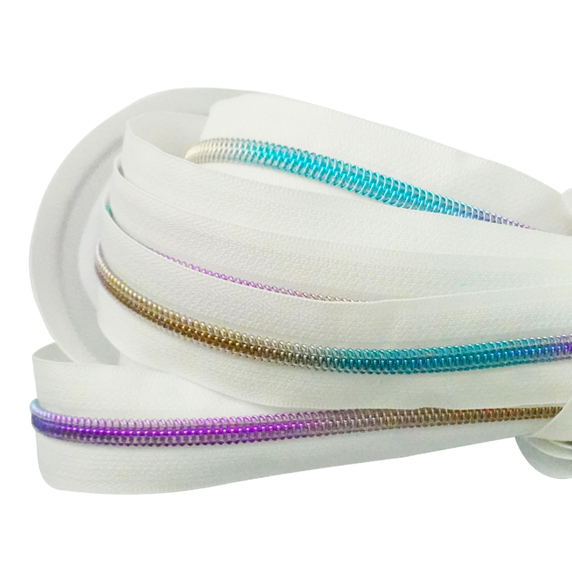 Trimming Shop Lot de 30 rubans de fermeture éclair rectangulaires en nylon arc-en-ciel avec fermeture éclair blanche de 10 mètres – Dents arc-en-ciel métalliques pour couture, couture