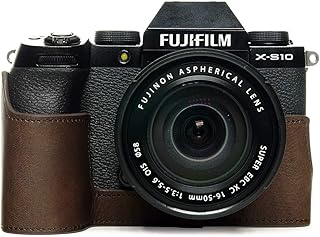 X-S10 Camera Case, BolinUS Handmade Genuine Real Leather Half Camera Case Bag Cover for Fujifilm Fuji X-S10 XS10 Camera Bottom Opening Version + Hand Strap (Coffee)