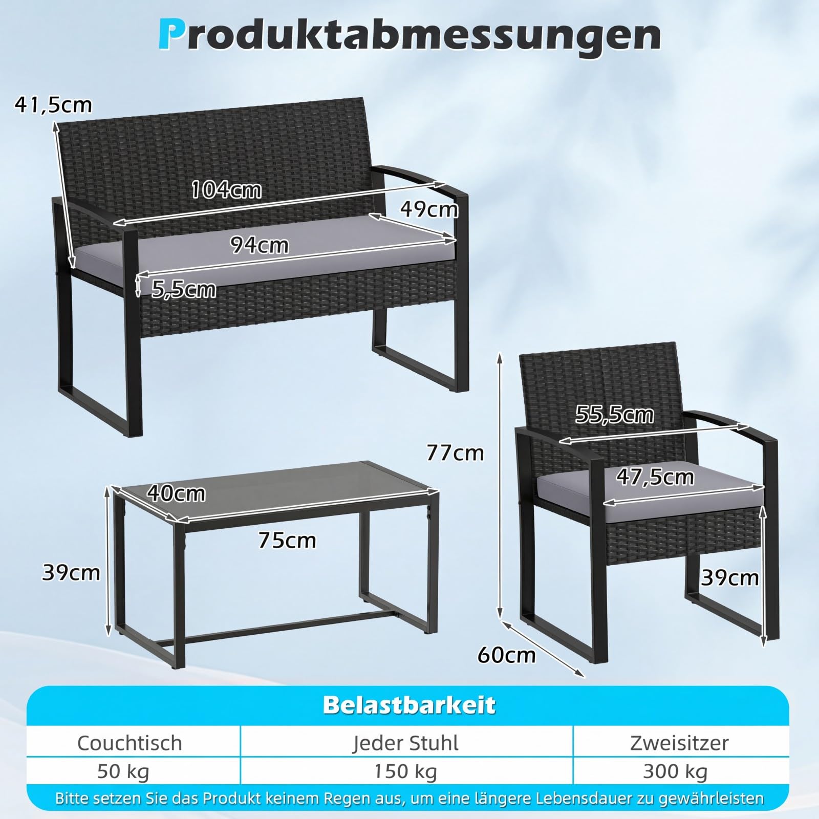 COSTWAY Rattan Gartenmöbel Set, Outdoor Lounge Möbel, Balkonmöbel Kleiner Balkon, Sitzgruppe mit 2 Sessel, Bank, Tisch & Sitzkissen, Terrassenmöbel, Sitzgarnitur, Gartengarnitur (Grau)