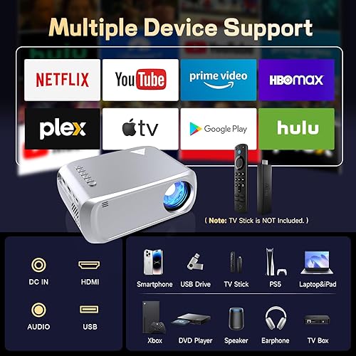 Miniatura 6 de Proyector con WiFi y Bluetooth, mini proyector portátil 1080P HD de 170 pulgadas, proyector de cine para exteriores, compatible con