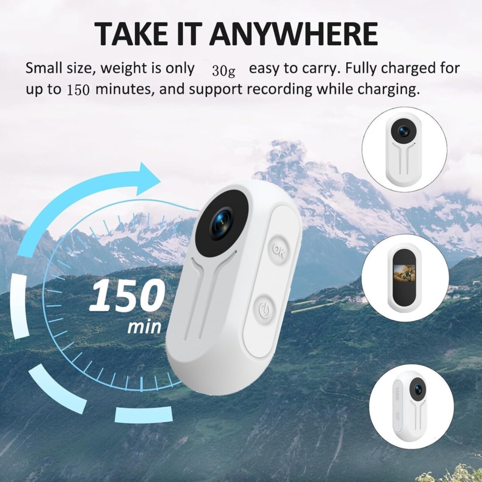 Action Camera 1080P HD con Night, POV Cam compatta indossabile per sport ciclismo Vlogging, grandangolo 120°, display da 0,96 pollici, supporta fino a 512 GB, batteria integrata da 350 mAh (nero)