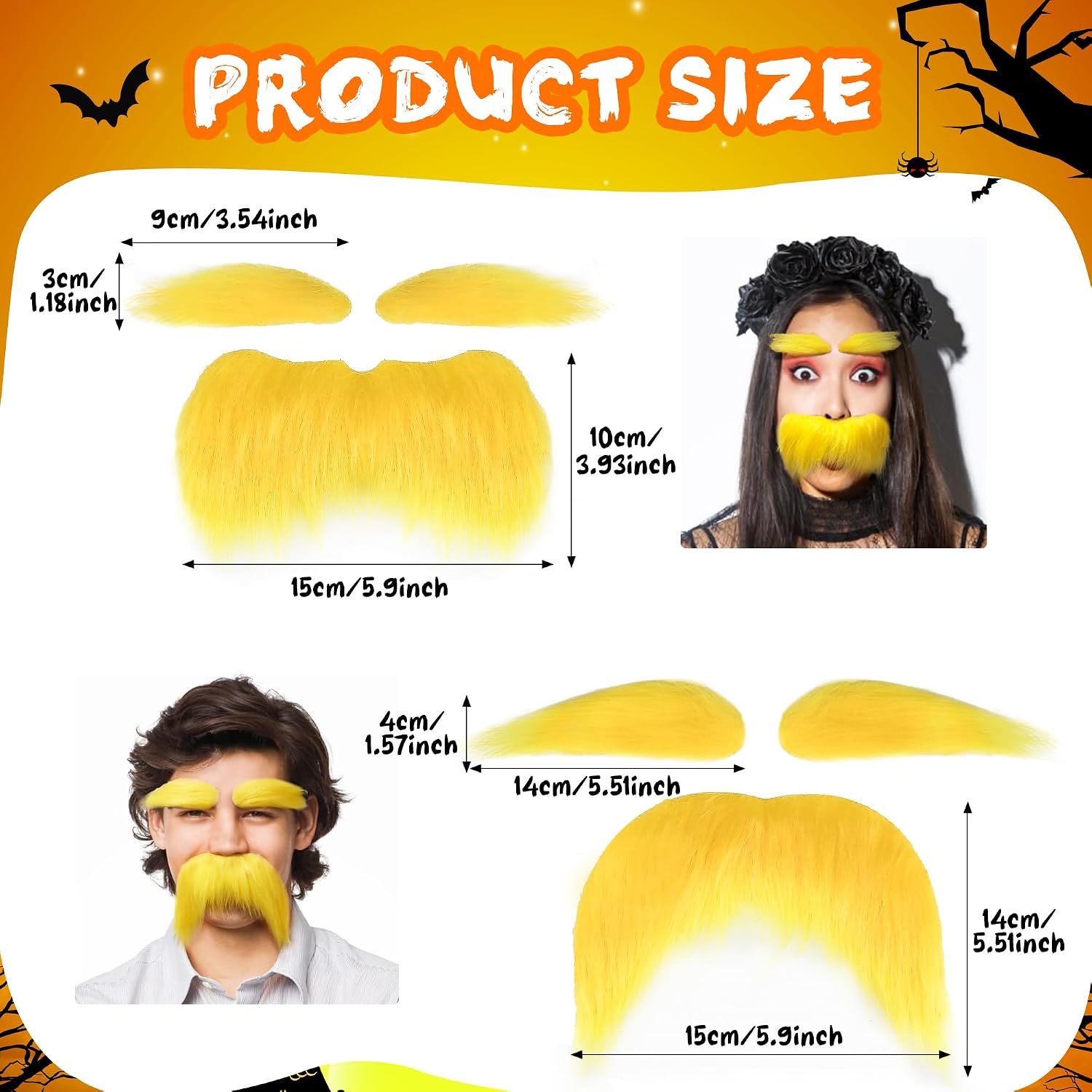 4 PCS Yellow Mustache and Eyebrows Set with Spare Tape, Self-Adhesive Bushy Fake Mustache Beard for Halloween Cosplay Costume, Adult Party Favors, Realistic Novelty Makeup Props for Costume Parties