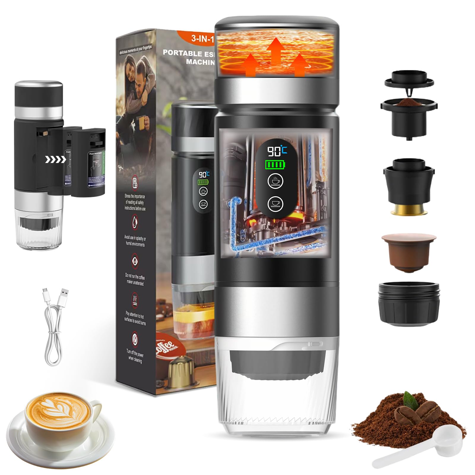 VHV Cafetera de café portátil, 3 en 1 cafetera de café expreso eléctrica, 12 V café expreso recargable, para oficina, viaje, casa, compatible con cápsulas espresso y café molido