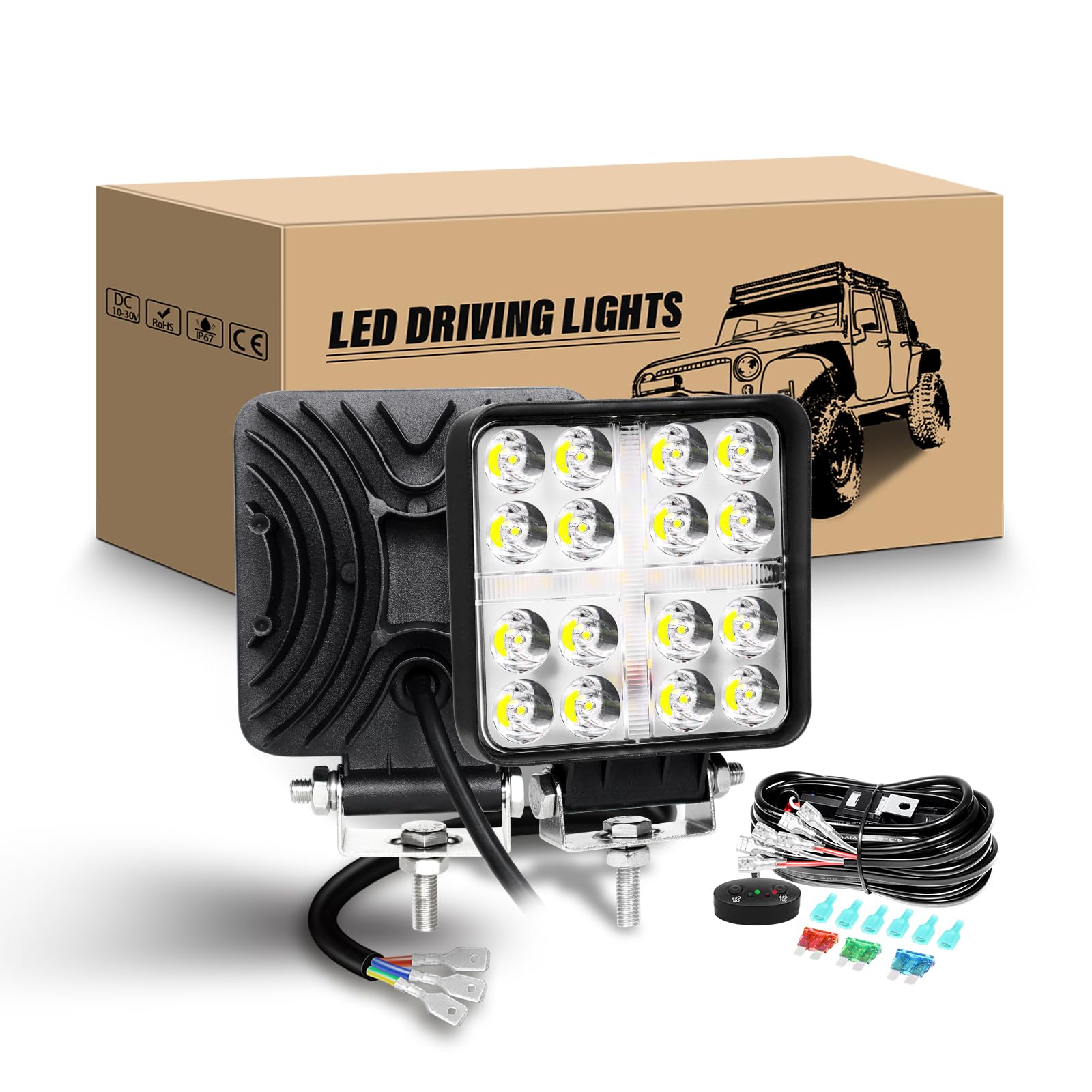 RIGIDON 2Pcs 4 Pouces 48W Carré Phare de Travail LED Avec 12V Faisceau de Câblage Kit - Blanc Ambre Lampe Longue Portée Spot Pour Offroad Voiture Camion SUV 4x4 Tracteur