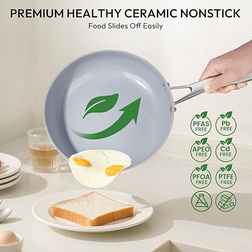 Miniatura 3 de Juego de utensilios de cocina antiadherentes de cerámica de 10 piezas, ollas y sartenes sin PFOA con tapas de vidrio, cocción saludable, fácil de