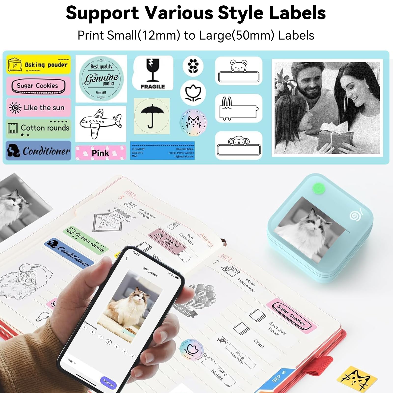 lopevi Etichettatrice - Mini stampante per etichette Bluetooth portatile - Adesivo termico portatile per smartphone Piccola etichettatrice Modelli multipli Icona del carattere Etichetta personalizzata