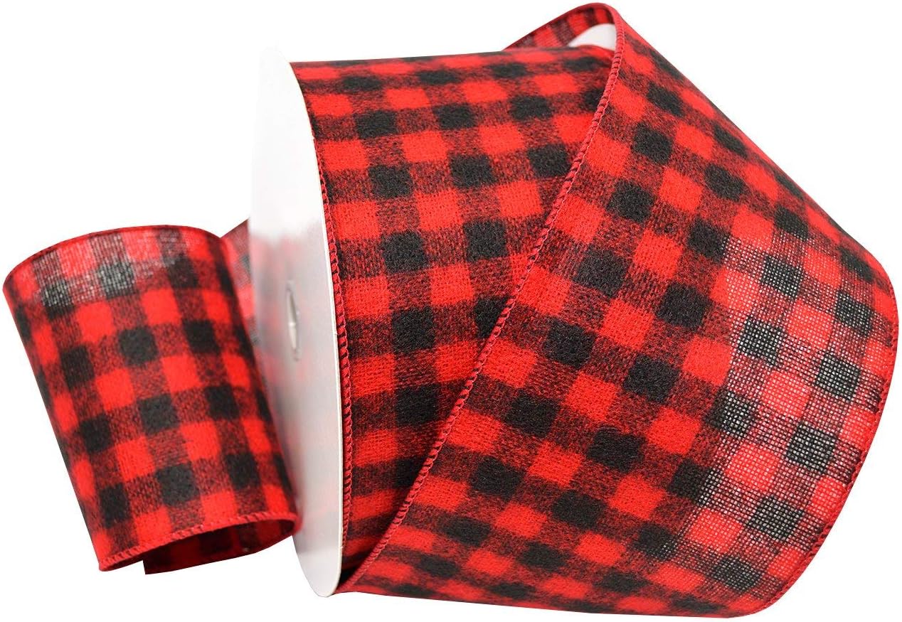 Morex Ribbon Wired Flannel Buffalo Plaid Ribbon, 6 inches by 100 Feet, Red/Black