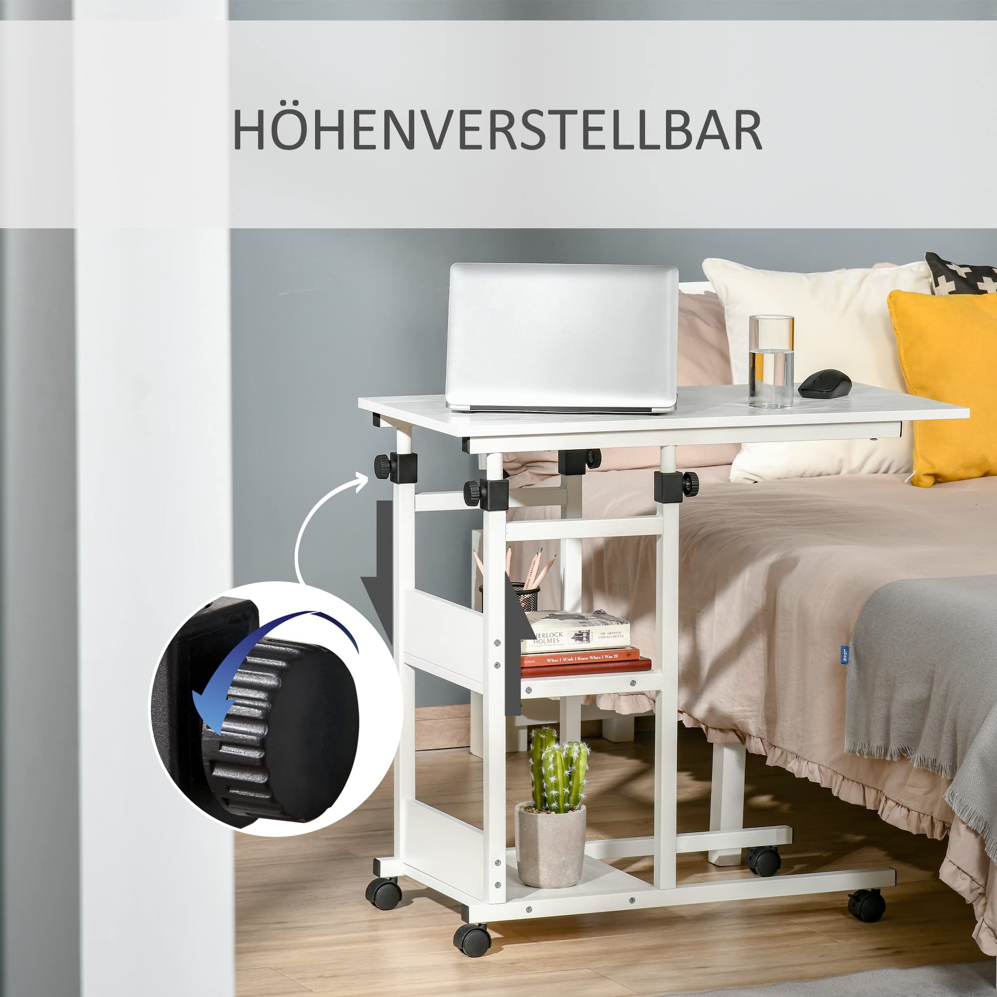 HOMCOM Beistelltisch Couchtisch mit Rollen 80x40x72-82 cm Weiß | Höhenverstellbarer Schreibtisch mit 2 unteren Regalen, Sofatisch Laptoptisch, Betttisch, für Esszimmer Wohnzimmer, Metall