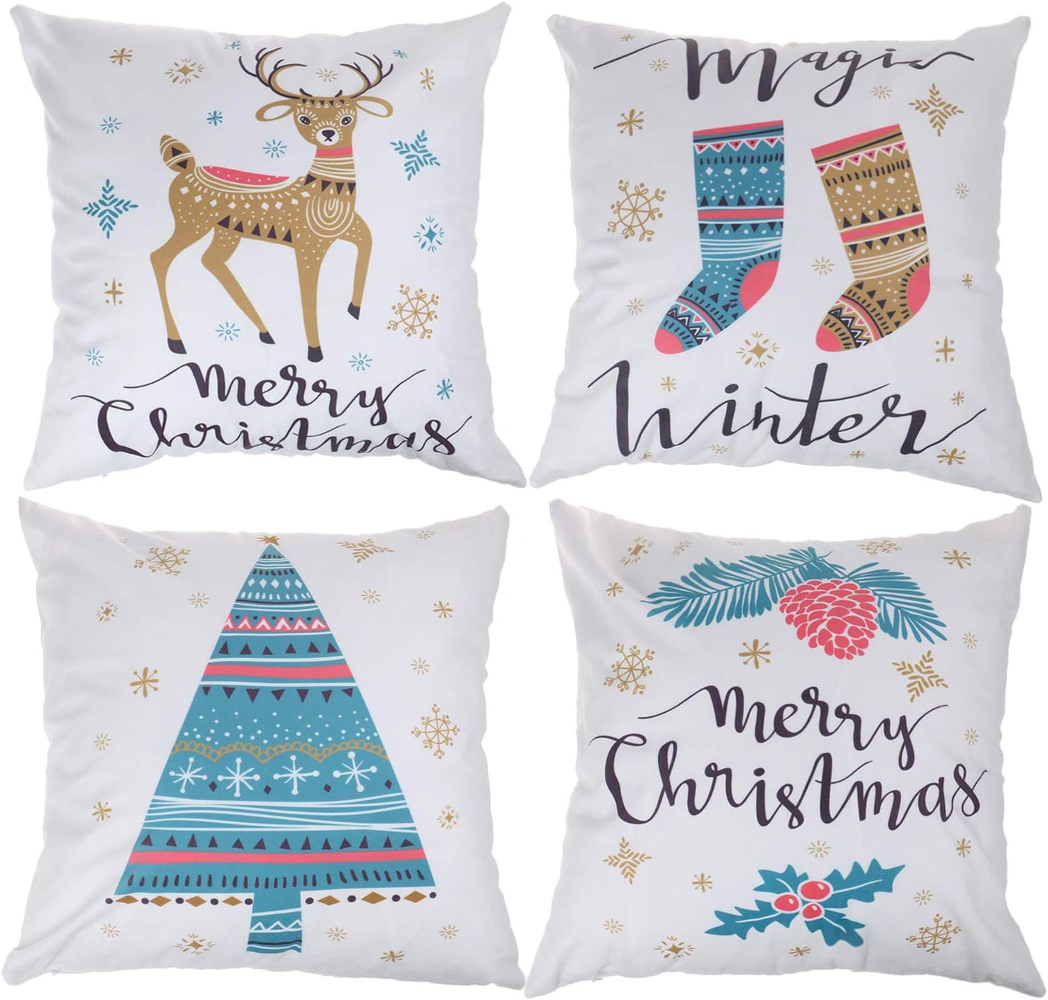 Christmas Cushion Covers Xmas Tree Throw Pillow Case Christmas Tree Snowflake Pillow Covers White Xmas Cushion Covers for Home Office Bedroom Sofa Decor Supplies, 18x18 Inch