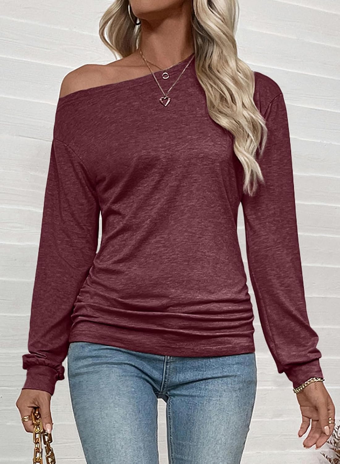EVALESS Womens Off The Shoulder Tops Casual Long Sleeve Asymmetrical Boat Neck Going Out Tops T Shirts Fashion Clothing - Image 3