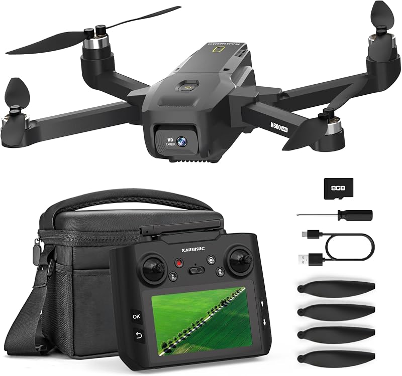 karuisrc K600 GPS Drón 1080P Kamerával, Beépített HD Kijelzős Távirányítóval, Összecsukható, Szélálló, SD Kártyával és Hordtáskával, Kezdőkn