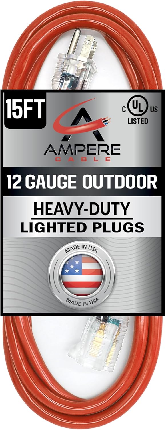 10 ft - 12 Gauge Extension Cord Outdoor - Made in USA - Lighted on Both Ends - Red Outdoor Extension_Cord Waterproof by Anthem Cable - Heavy Duty ExtensionCord 10 ft 15 Amp Extension