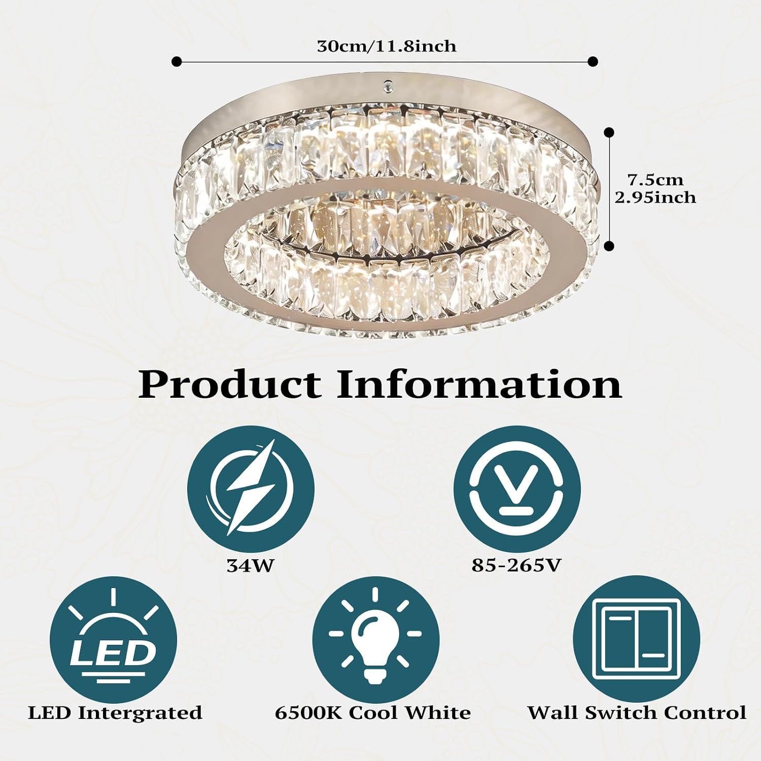 Finktonglan 11.8" Round Crystal Flush Mount Chandelier, Dimmable LED Ceiling Light with Remote, 3000K–6500K Color Changing, K9 Crystal Stainless Steel, Low Profile for Bedroom Living Room
