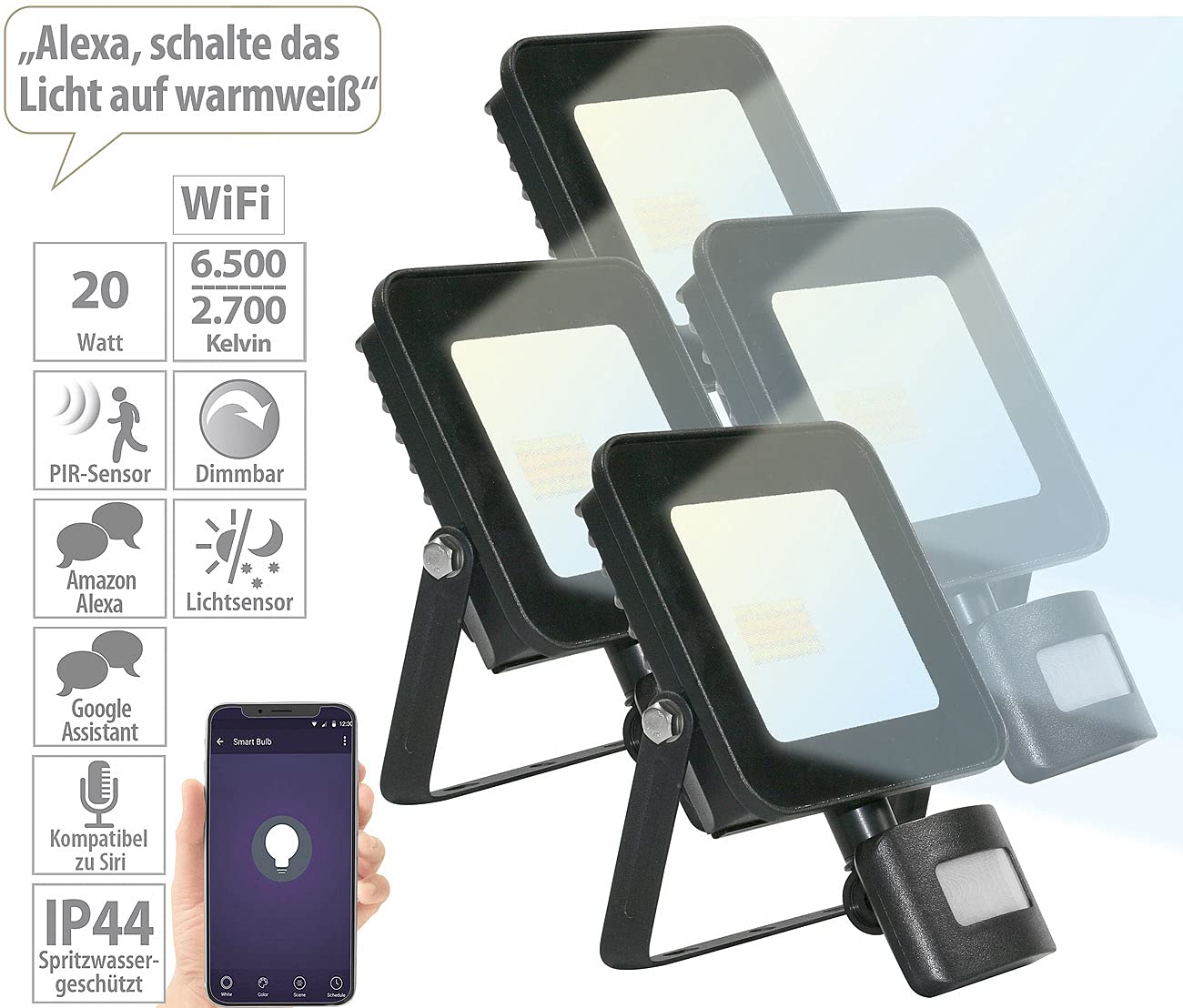 Luminea Home Control proiettore CCT: Set da 4 WLAN-LED-Floodlight, CCT-LED, sensore di movimento PIR (proiettore da interno, faretto WLAN)