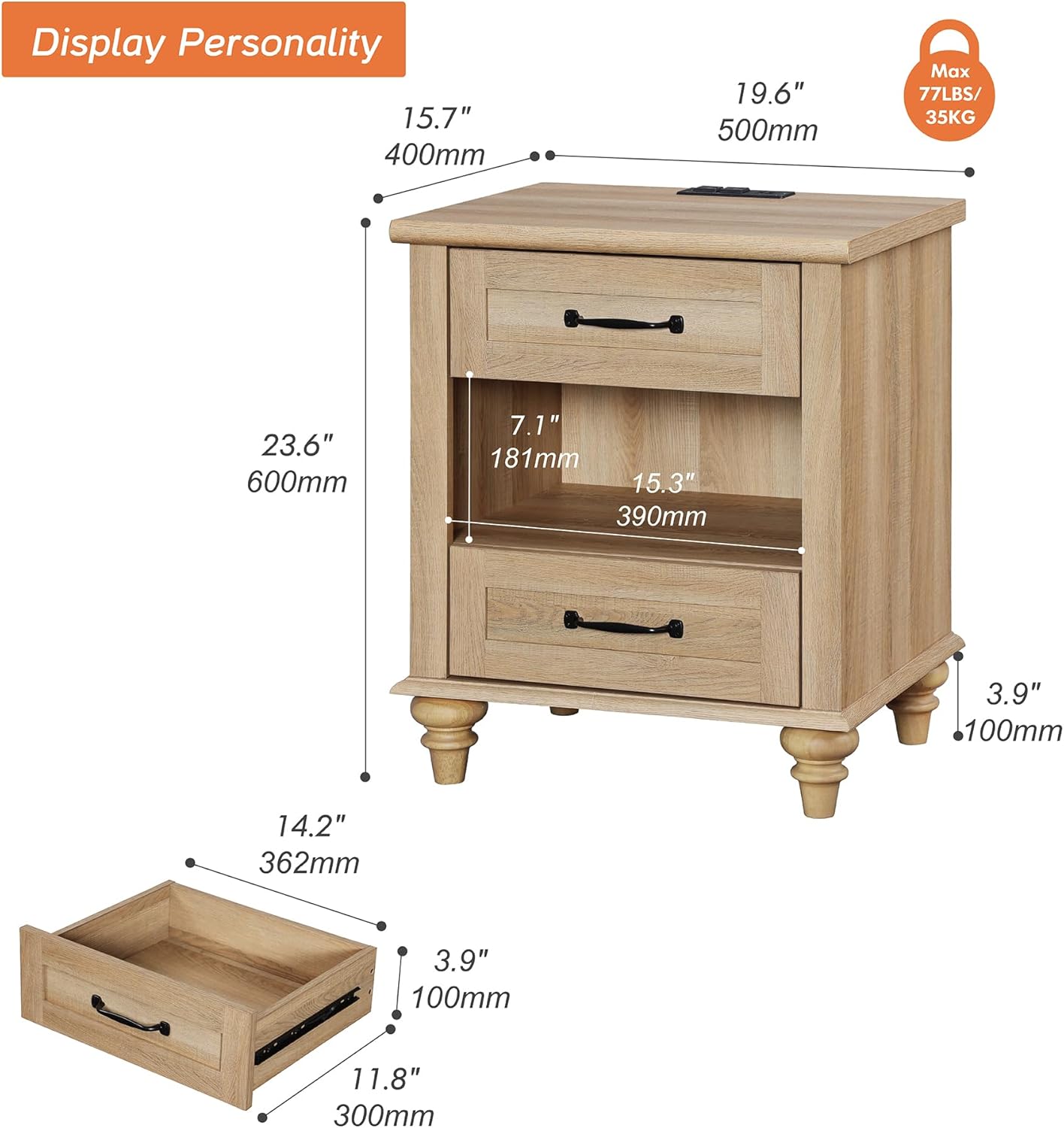 WAMPAT Farmhouse End Table Nightstand with Charging Station, Small Side Table with 2 Drawers for Living Room, Light Wood Night Stand Bedside Table for Bedroom, Oak